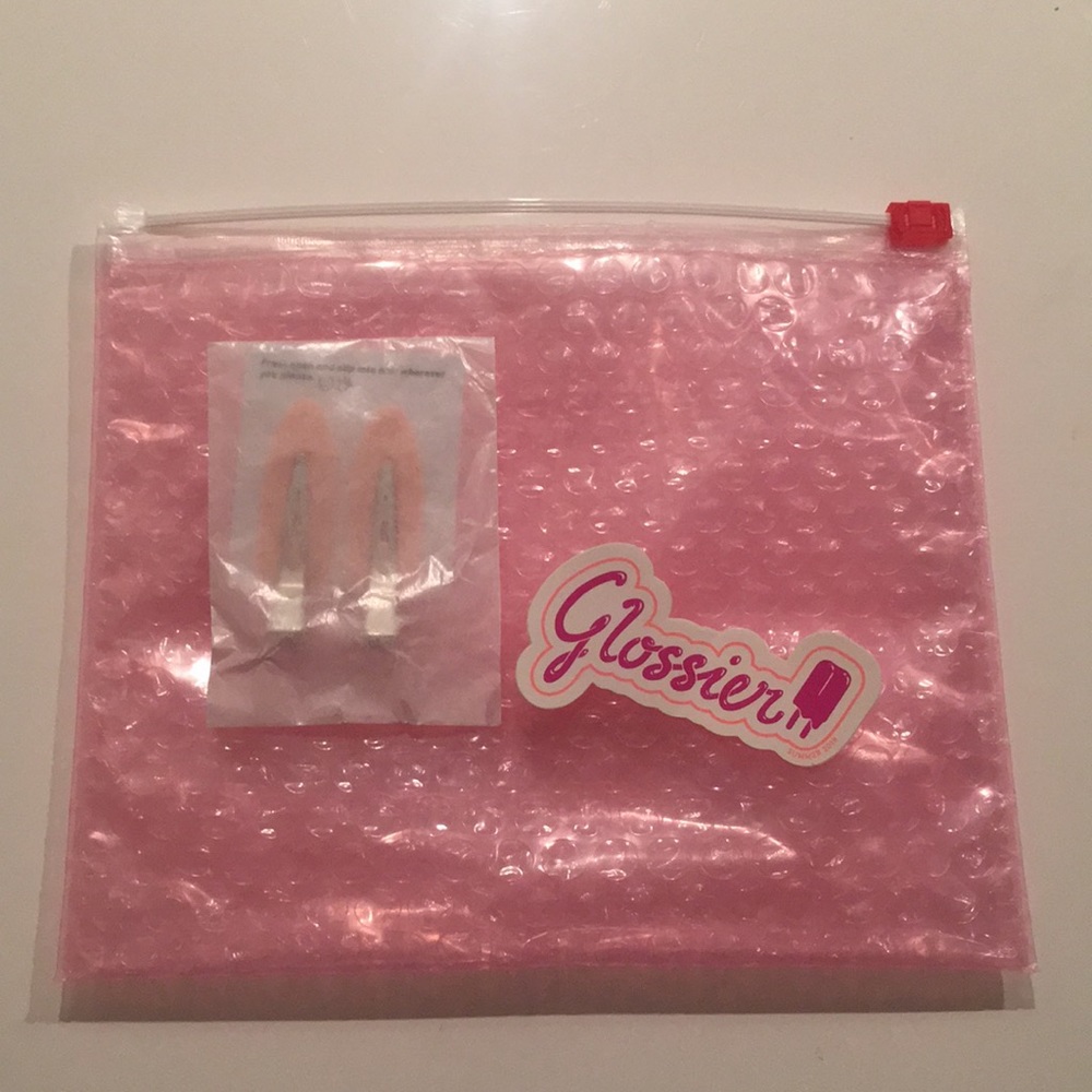 Glossier hair clips, pouch, sticker